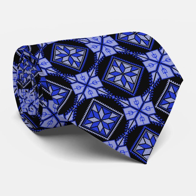 Blue & Black Tatreez Henna Thobe Muster Krawatte (Gerollt)