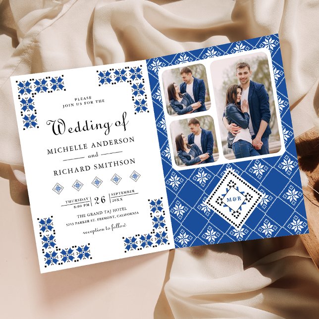 Blue Black Ukrainian Embroidery QR Code Wedding Einladung (Von Creator hochgeladen)