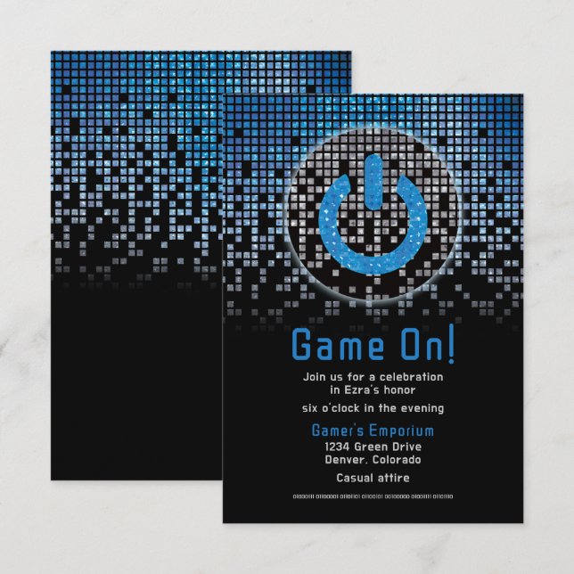 Blue Black Video Game Gamer Bar Mitzvah Begleitkarte (Vorne/Hinten)