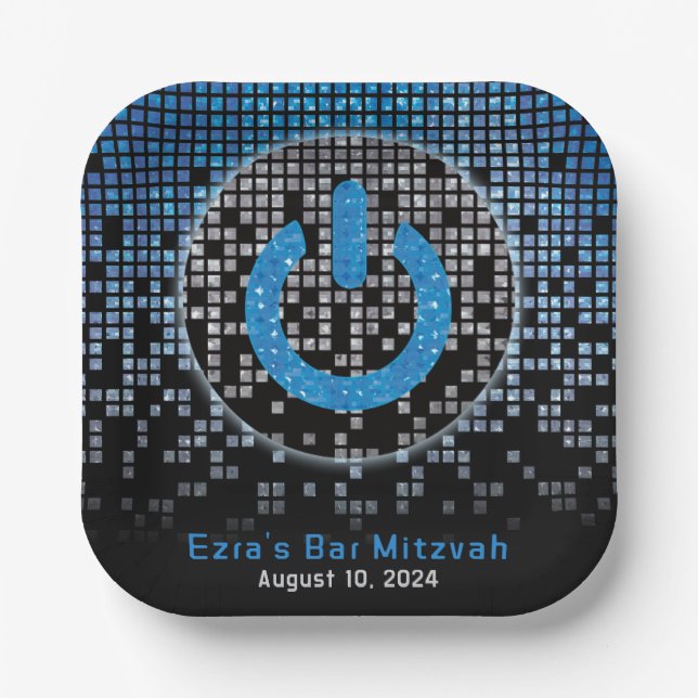 Blue Black Video Game Gamer Bar Mitzvah Pappteller (Vorderseite)