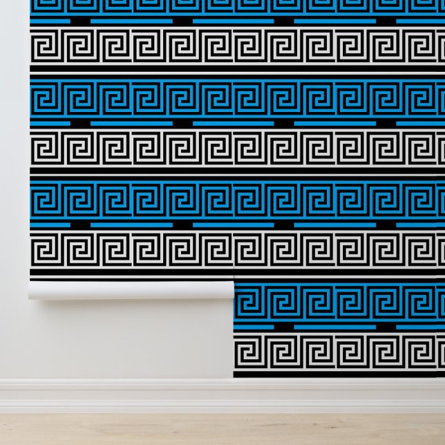Blue Black White Greek Key Fret Pattern Design  Tapete (Von Creator hochgeladen)