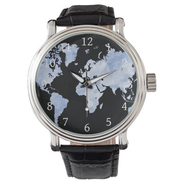 Blue Black World Map Design 75 Armbanduhr (Vorderseite)