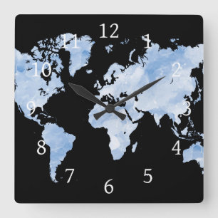 Blue Black World Map Design 75 Quadratische Wanduhr