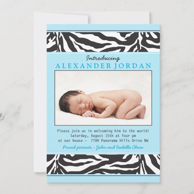 Blue Black Zebra Print Foto Sip N Siehe Babydusche Einladung (Vorderseite)