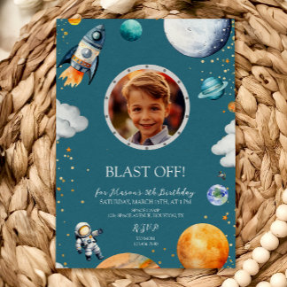 Blue Blast Off Photo Space Theme Kids Birthday Einladung