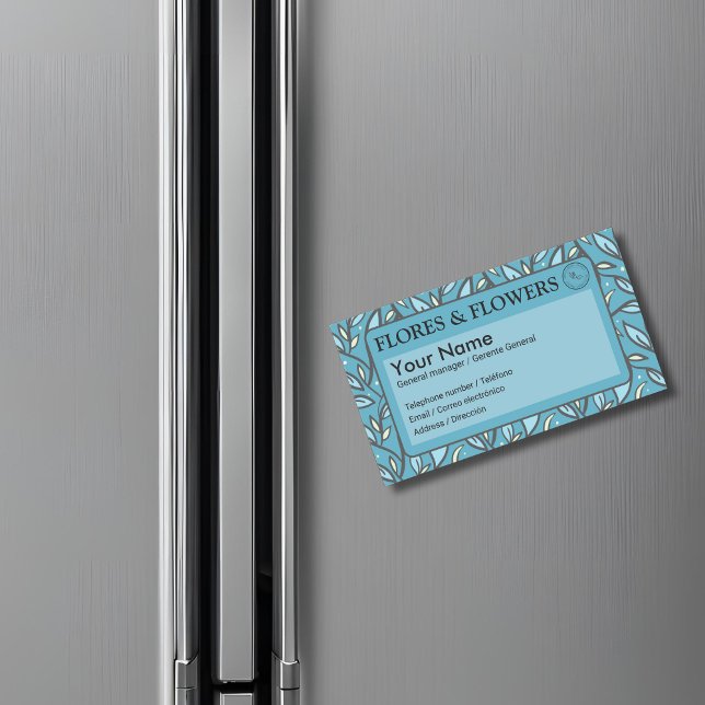 Blue Blätter Bilingual Magnetische Visitenkarte (Blue leaves business card Spanish, personalized text. tajetas comerciales magneticas multilingual)