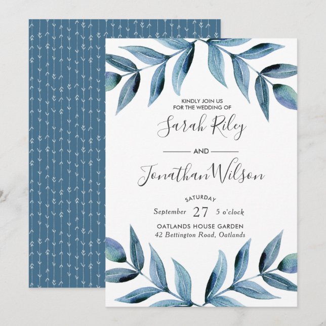 Blue Blätter Blätter Hochzeitseinladung Einladung (Vorne/Hinten)