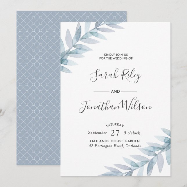 Blue Blätter Blätter Hochzeitseinladung Einladung (Vorne/Hinten)