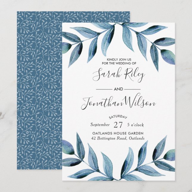 Blue Blätter Blätter Hochzeitseinladung Einladung (Vorne/Hinten)
