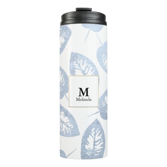 Blue Blätter Monogram Tumbler Thermosbecher (Vorderseite)