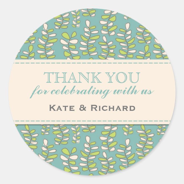 Blue Blätter Pattern Wedding Danke Stickers (Vorderseite)