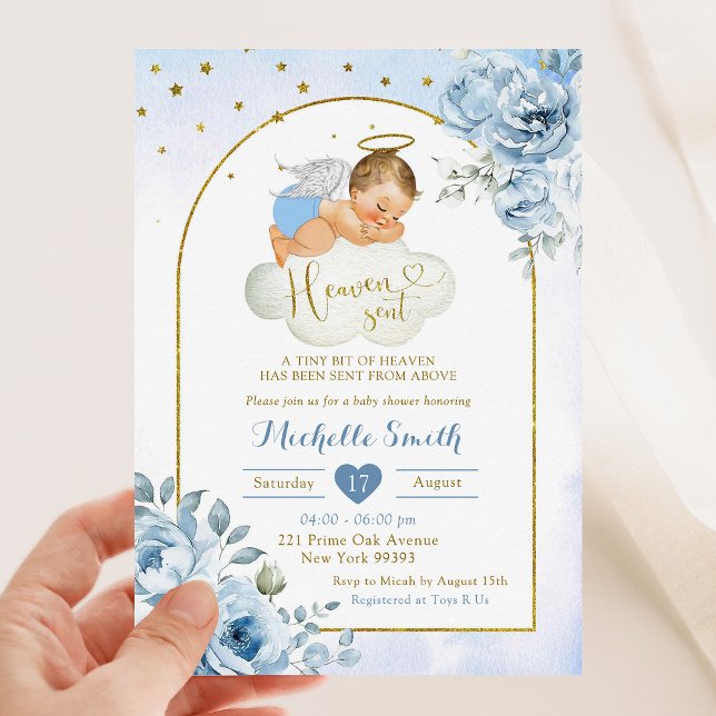 Blue Blonde Little Angel Heaven Sent Baby Dusche Einladung (Von Creator hochgeladen)
