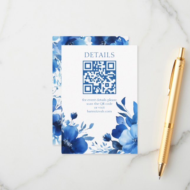Blue Blooms Watercolor BAT MITZVAH CUSTOM QR-Code Begleitkarte (Vorderseite/Rückseite Beispiel)