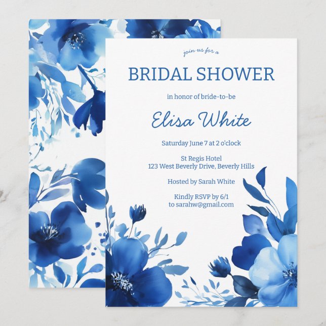 Blue Blooms Watercolor Brautparty CUSTOM Einladung (Vorne/Hinten)