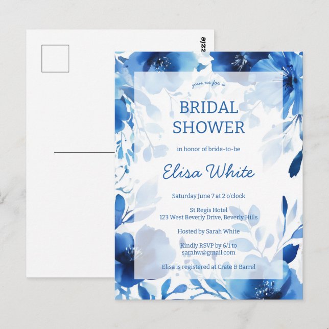 Blue Blooms Watercolor Brautparty CUSTOM Postkarte (Vorne/Hinten)