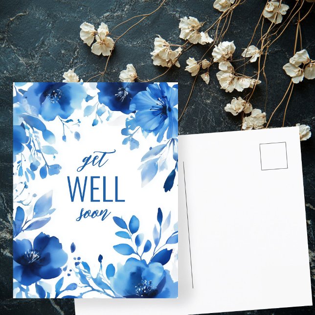 Blue Blooms Watercolor WIRD SCHON BALD GUT GEHALTE Postkarte (Blue Blooms Watercolor GET WELL SOON CUSTOM Postcard
)