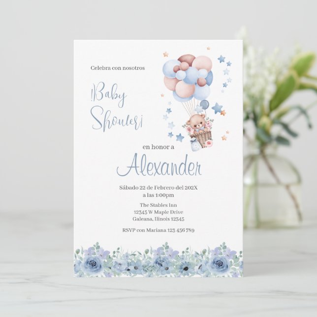 Blue Bloral Spanish Baby Shower Boy Einladung (Stehend Vorderseite)