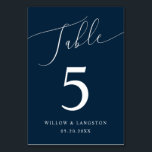 Blue Blue Minimal Hochzeit Tischnummer<br><div class="desc">Minimale und elegante Hochzeitstil-Tischnummer mit modernem Skripttext,  der oben auf marinebasischem Hintergrund "Table" sagt.</div>