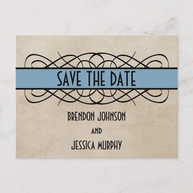 Blue Blüh Border Save the Date Postkarte (Vorderseite)