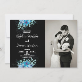 Blue Blume Black Wedding Einladungen mit Foto