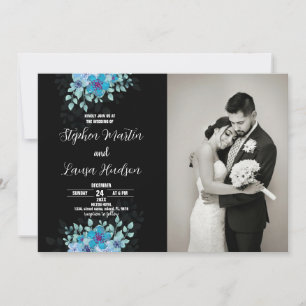 Blue Blume Black Wedding Einladungen mit Foto