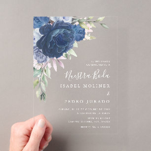 Blue Blume Bouquet Nuestra Boda Spanish Wedding Acryleinladungen