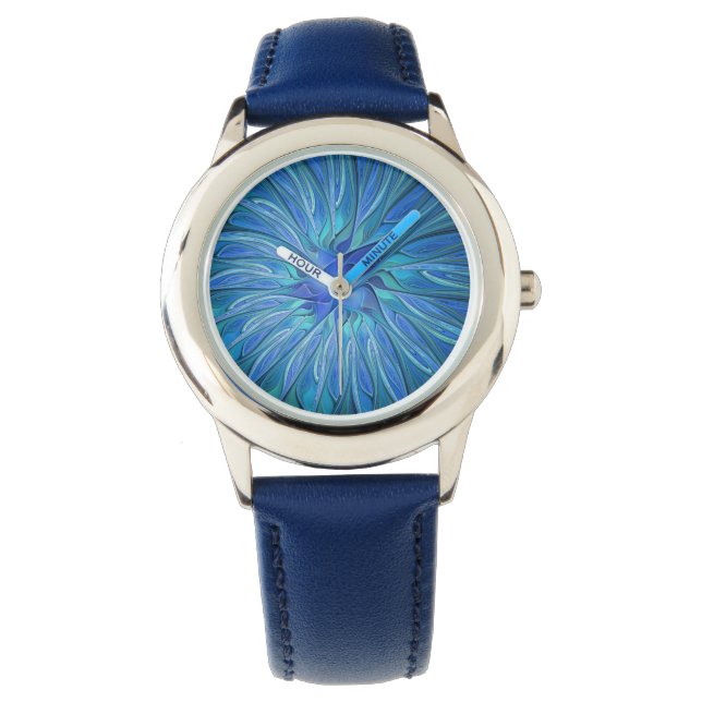 Blue Blume Fantasy Pattern, Abstraktes Fraktal Art Armbanduhr (Vorderseite)