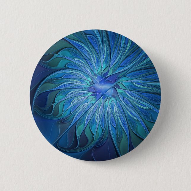 Blue Blume Fantasy Pattern, Abstraktes Fraktal Art Button (Vorderseite)