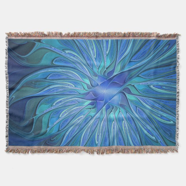 Blue Blume Fantasy Pattern, Abstraktes Fraktal Art Decke (Vorderseite)