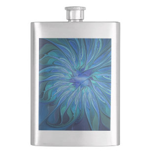 Blue Blume Fantasy Pattern, Abstraktes Fraktal Art Flachmann
