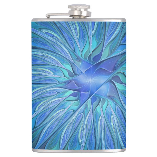 Blue Blume Fantasy Pattern, Abstraktes Fraktal Art Flachmann (Vorderseite)