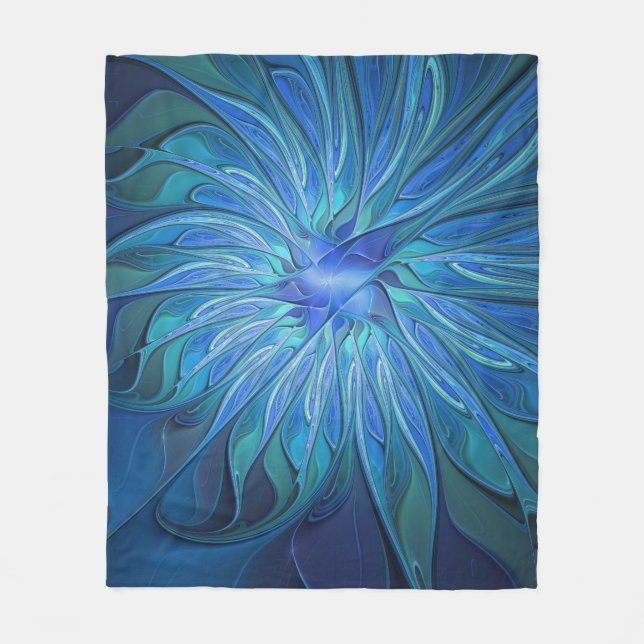 Blue Blume Fantasy Pattern, Abstraktes Fraktal Art Fleecedecke (Vorderseite)