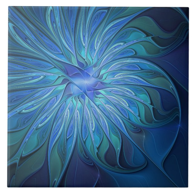 Blue Blume Fantasy Pattern, Abstraktes Fraktal Art Fliese (Vorderseite)