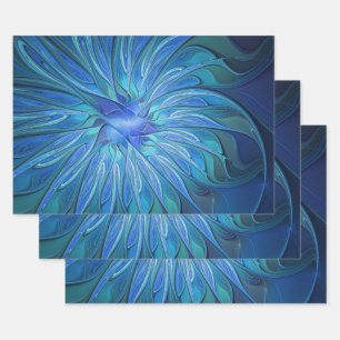 Blue Blume Fantasy Pattern, Abstraktes Fraktal Art Geschenkpapier Set