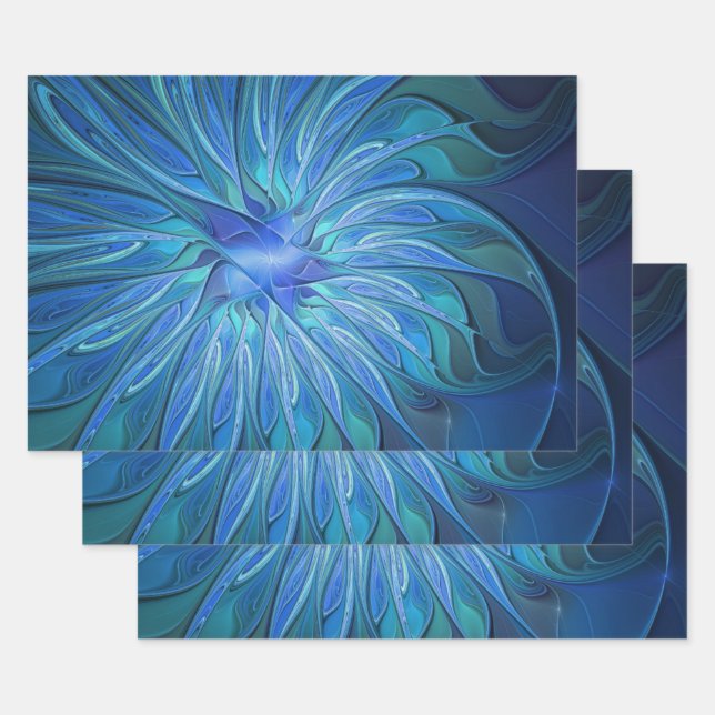 Blue Blume Fantasy Pattern, Abstraktes Fraktal Art Geschenkpapier Set (Set)