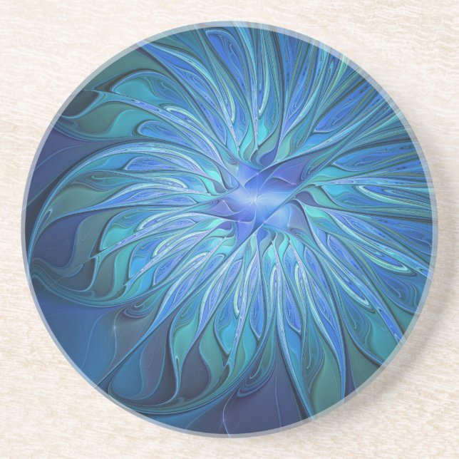 Blue Blume Fantasy Pattern, Abstraktes Fraktal Art Getränkeuntersetzer (Vorne)