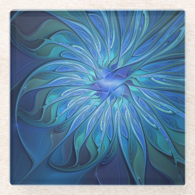 Blue Blume Fantasy Pattern, Abstraktes Fraktal Art Glasuntersetzer (Vorderseite)