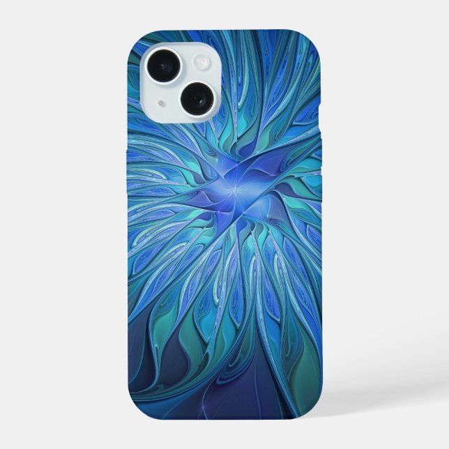 Blue Blume Fantasy Pattern, Abstraktes Fraktal Art iPhone 15 Hülle (Rückseite)