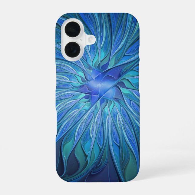Blue Blume Fantasy Pattern, Abstraktes Fraktal Art iPhone 16 Hülle (Rückseite)