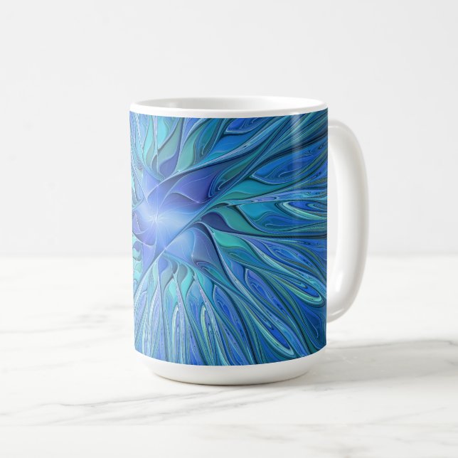 Blue Blume Fantasy Pattern, Abstraktes Fraktal Art Kaffeetasse (VorderseiteRechts)