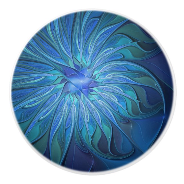 Blue Blume Fantasy Pattern, Abstraktes Fraktal Art Keramikknauf (Vorderseite)