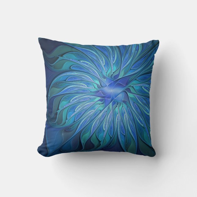 Blue Blume Fantasy Pattern, Abstraktes Fraktal Art Kissen (Vorderseite)