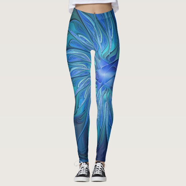 Blue Blume Fantasy Pattern, Abstraktes Fraktal Art Leggings (Vorderseite)