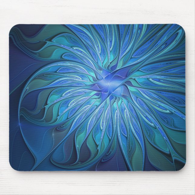 Blue Blume Fantasy Pattern, Abstraktes Fraktal Art Mousepad (Vorne)