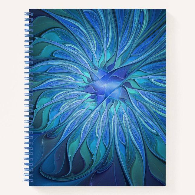 Blue Blume Fantasy Pattern, Abstraktes Fraktal Art Notizbuch (Vorderseite)