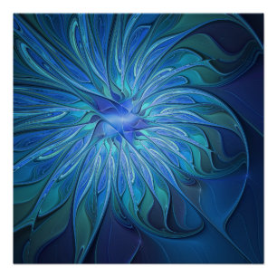 Blue Blume Fantasy Pattern, Abstraktes Fraktal Art Poster