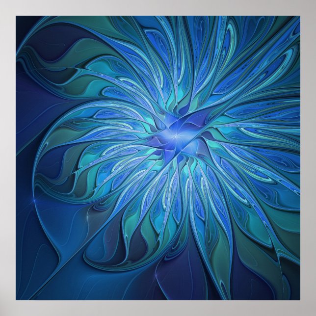 Blue Blume Fantasy Pattern, Abstraktes Fraktal Art Poster (Vorne)