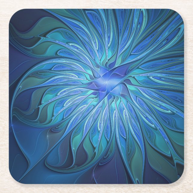 Blue Blume Fantasy Pattern, Abstraktes Fraktal Art Rechteckiger Pappuntersetzer (Vorderseite)