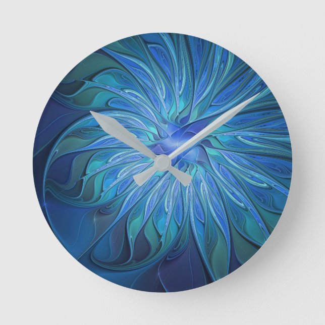 Blue Blume Fantasy Pattern, Abstraktes Fraktal Art Runde Wanduhr (Vorderseite)