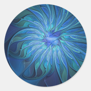 Blue Blume Fantasy Pattern, Abstraktes Fraktal Art Runder Aufkleber